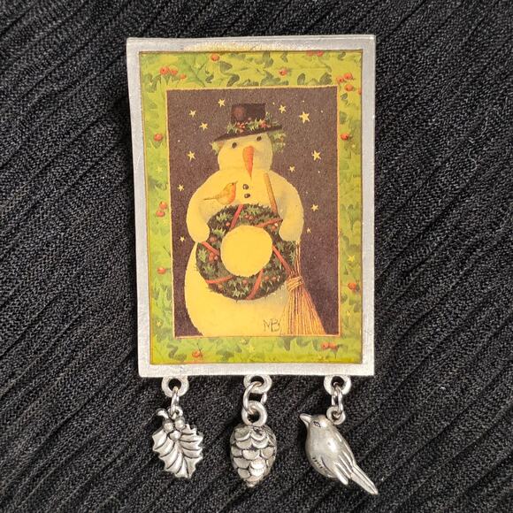 Vintage Jewelry - Vintage Marjolein Bastin Snowman Brooch Christmas Dangle Charm Pin